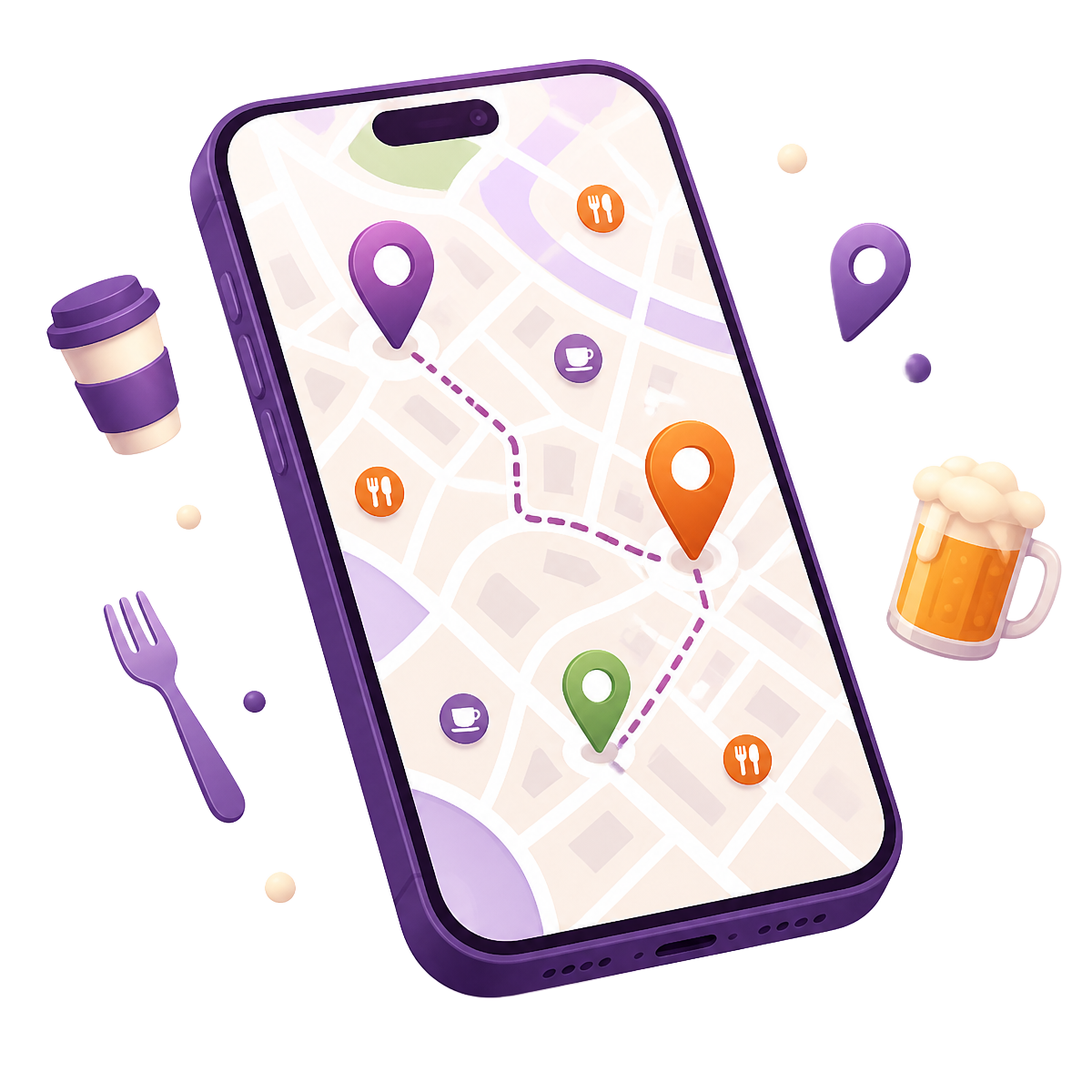 Ilustrace mobilního telefonu s mapou podniků a gastro ikonami